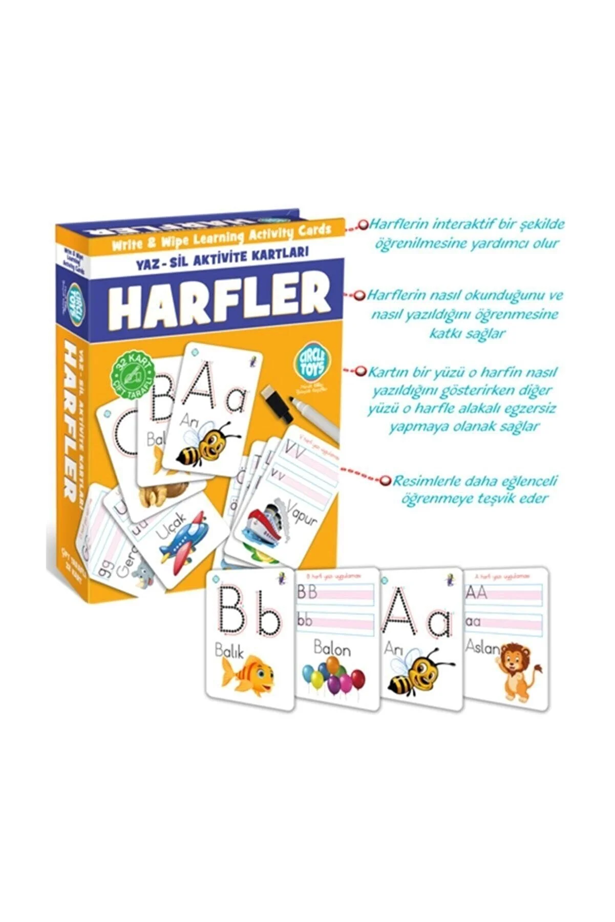 Harfler Yaz Sil Aktivite Kartları Çift Taraflı 32 Kart