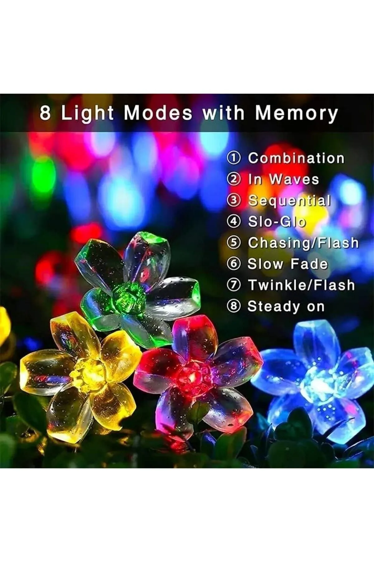 Güneş Enerjili 50 Ledli Solar Çiçekli RGB Aydınlatma 8 Modlu