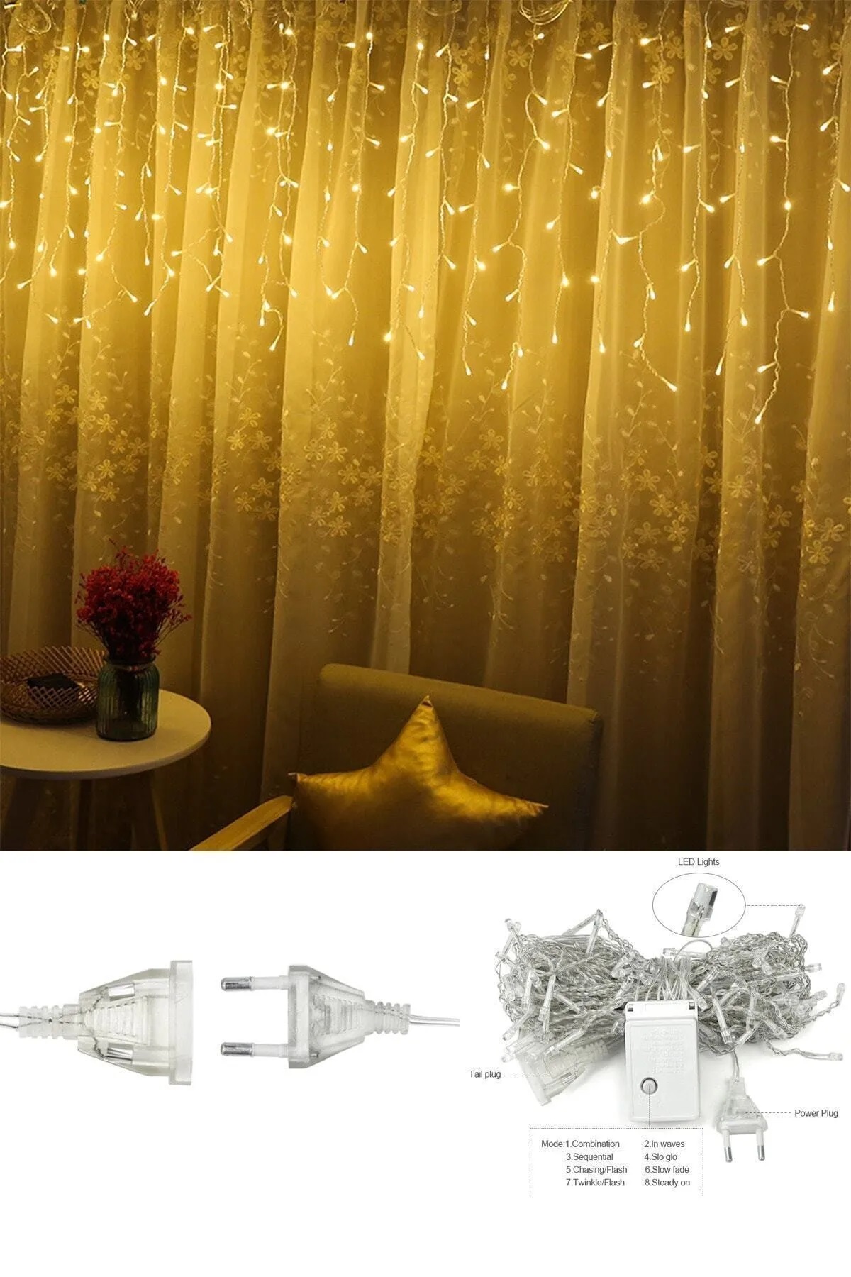 4 Metre Saçak Led Fişli 16 Saçaklı İp Perde Led