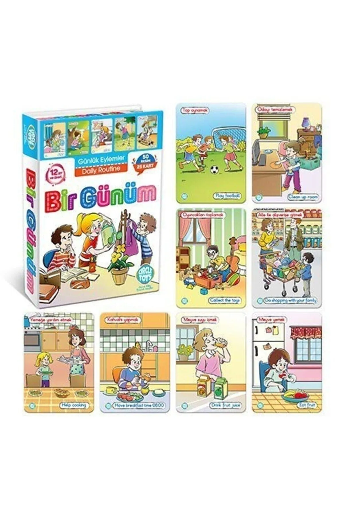 Bir Günüm, Türkçe-İngilizce Günlük Eylem Kartları 50 Resim 25 Kart