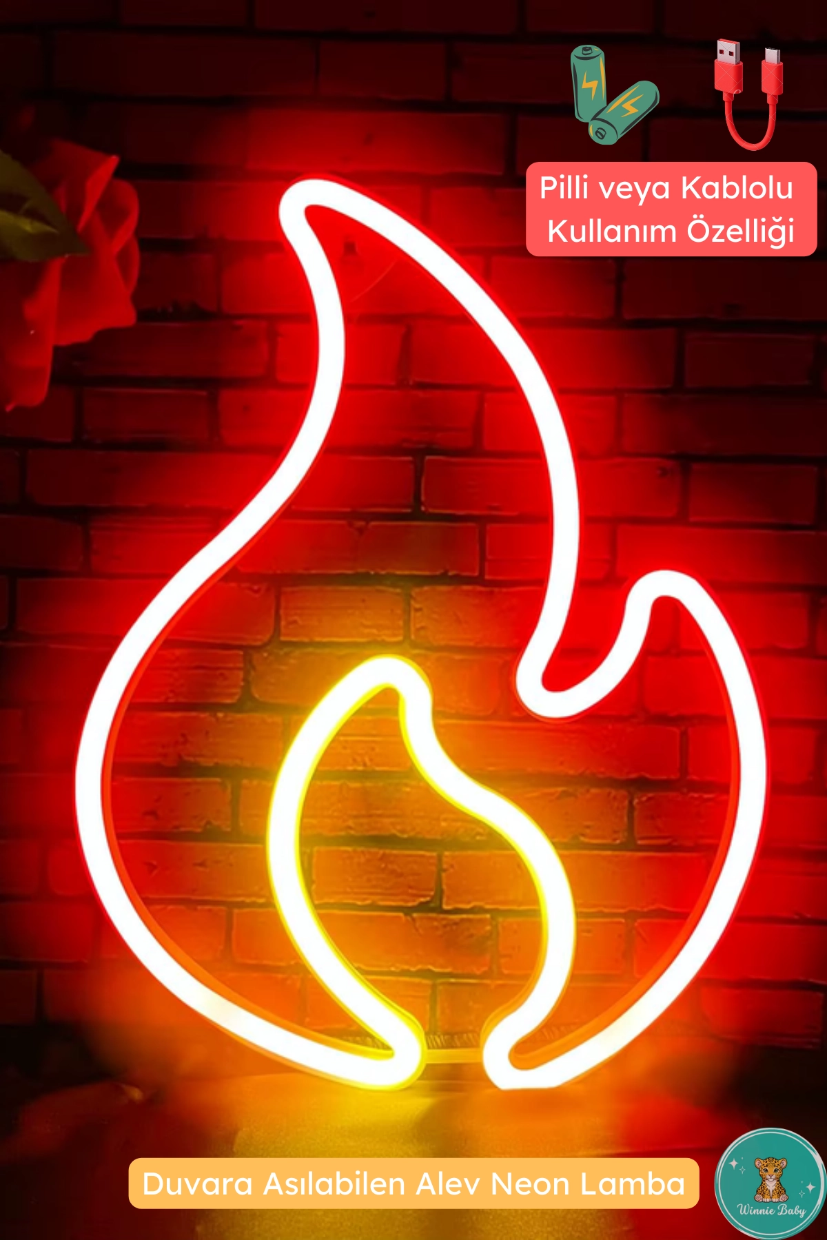 Alev Neon Led Duvara Asılabilen Usb’li ve Pilli Lamba Çocuk Odası Gece Lambası Dekoratif Led Işık