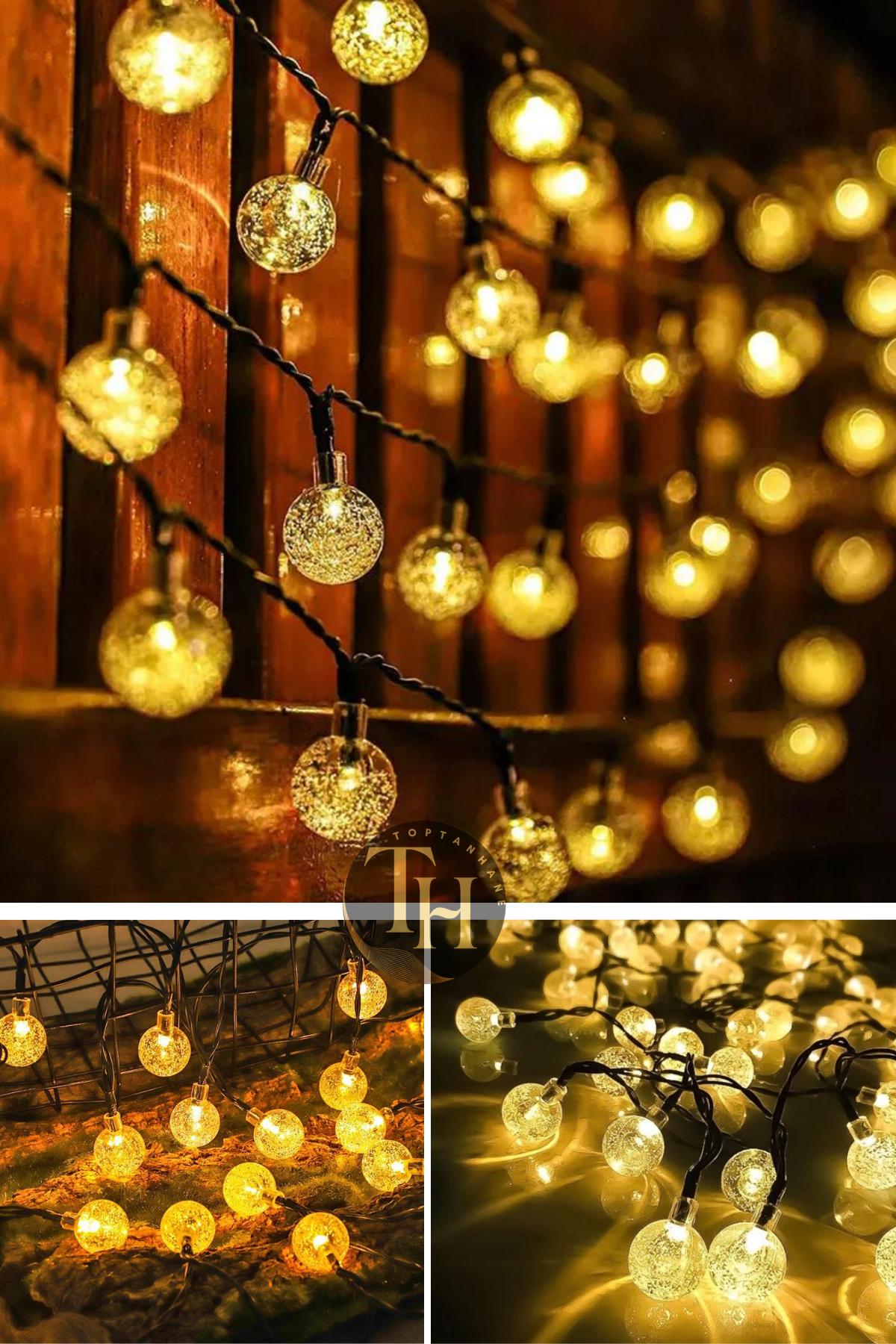80 Top Ledli 16 Metre Fişli Kristal Led Dekoratif Siyah Kablo Sarı Işık Eklemeli 