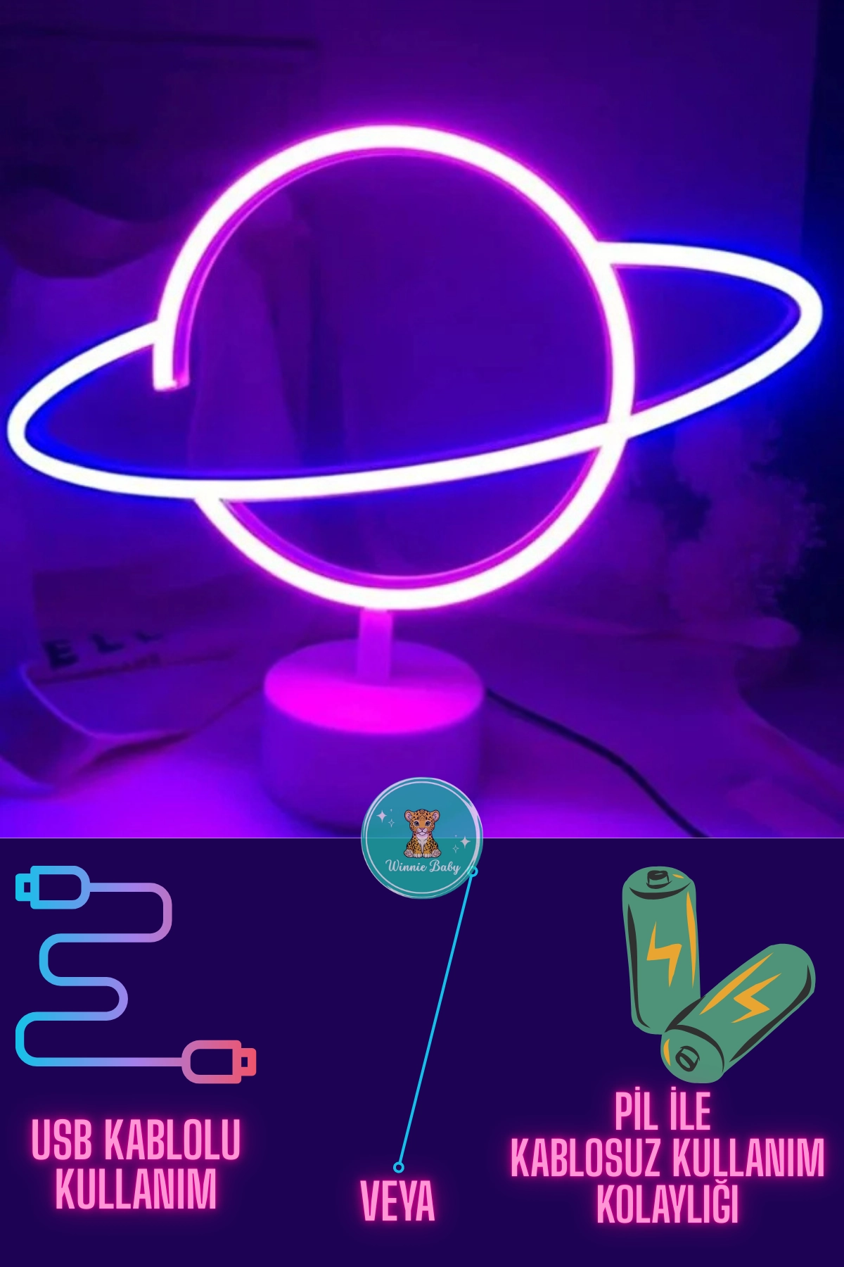 Satürn Gezegen Neon Led - Usb’li ve Pilli Masa Lambası Çocuk Odası Gece Lambası Dekoratif Led Işık