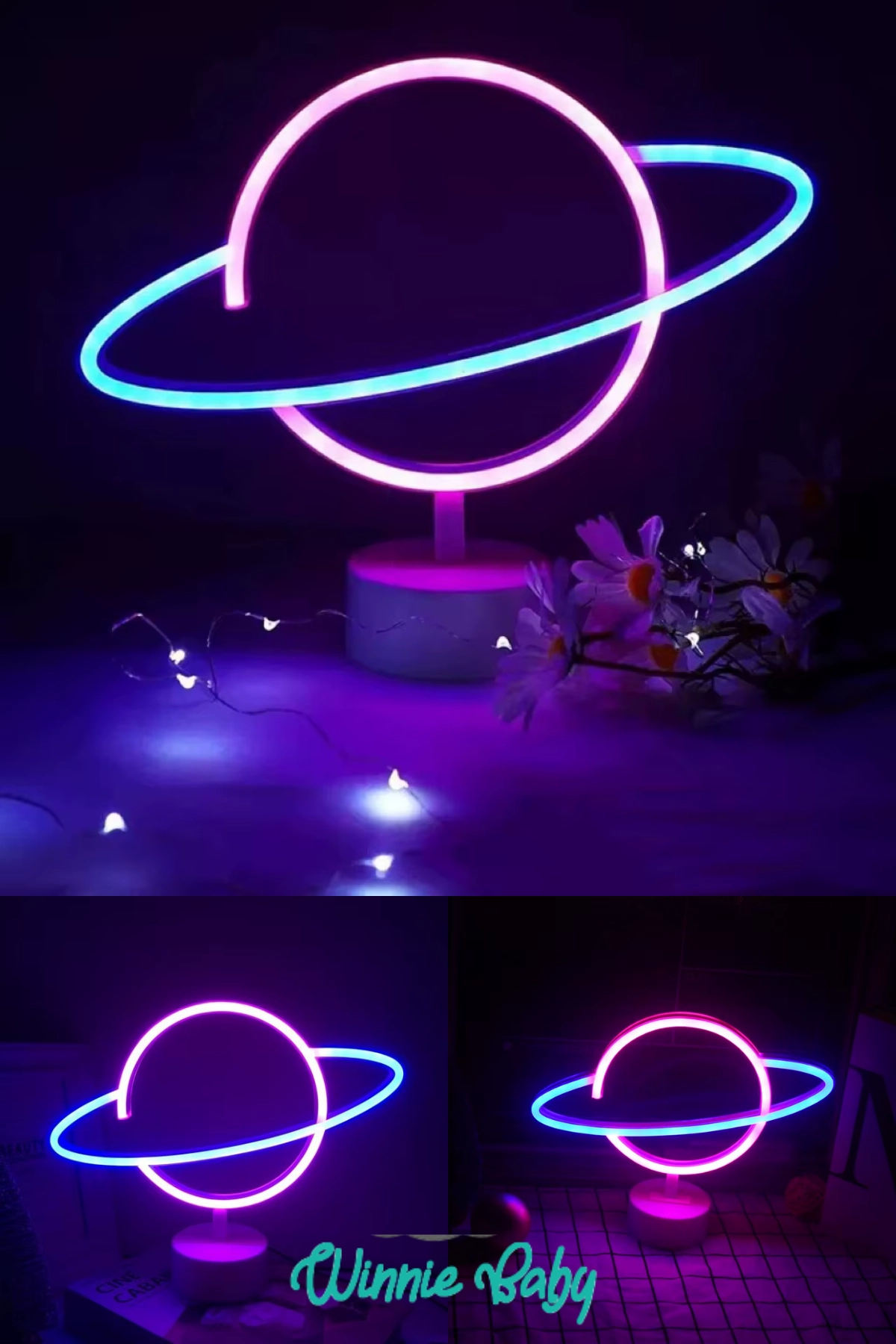 Satürn Gezegen Neon Led - Usb’li ve Pilli Masa Lambası Çocuk Odası Gece Lambası Dekoratif Led Işık