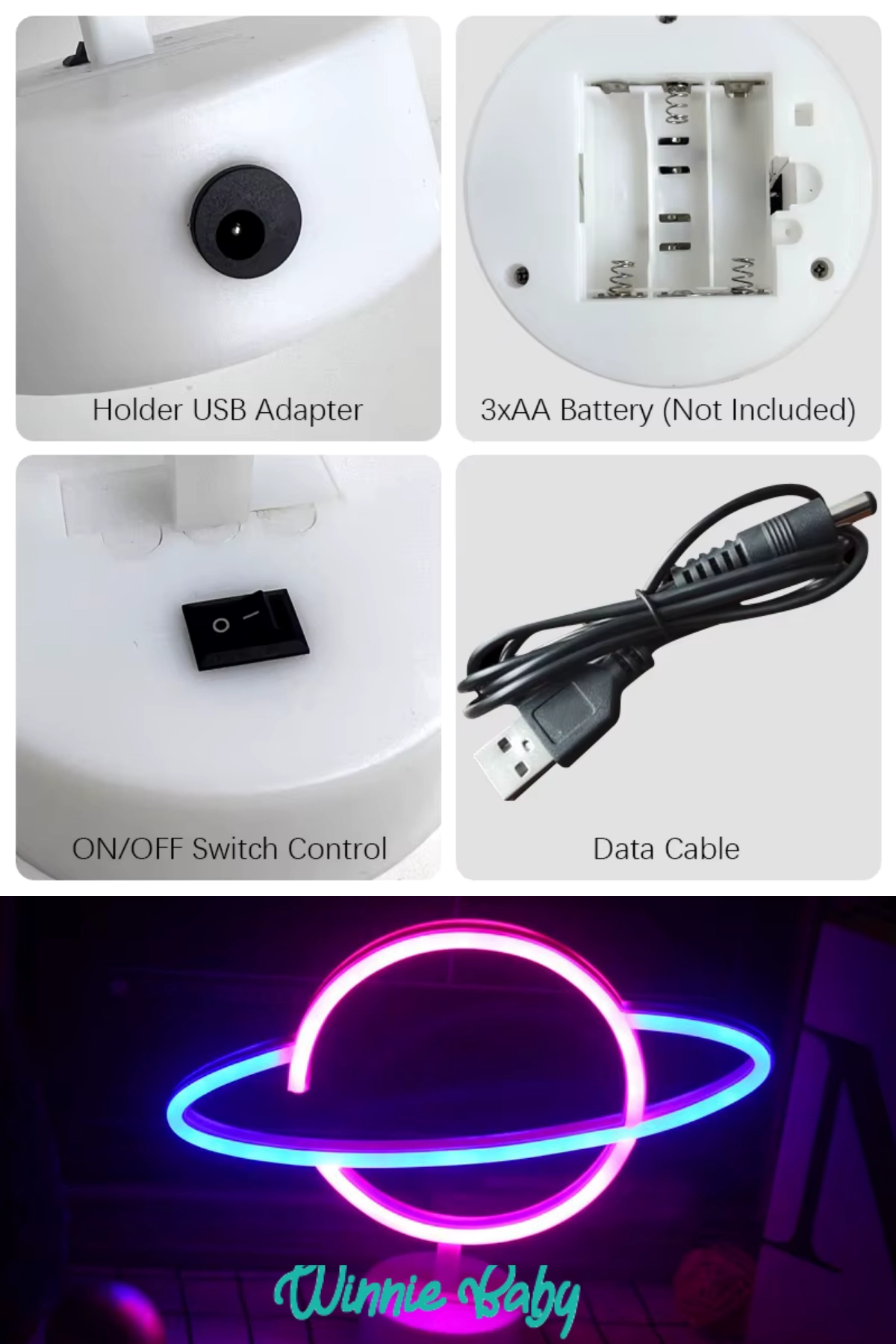 Satürn Gezegen Neon Led - Usb’li ve Pilli Masa Lambası Çocuk Odası Gece Lambası Dekoratif Led Işık