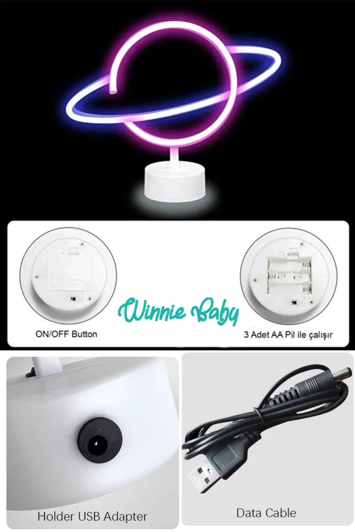 Satürn Gezegen Neon Led - Usb’li ve Pilli Masa Lambası Çocuk Odası Gece Lambası Dekoratif Led Işık