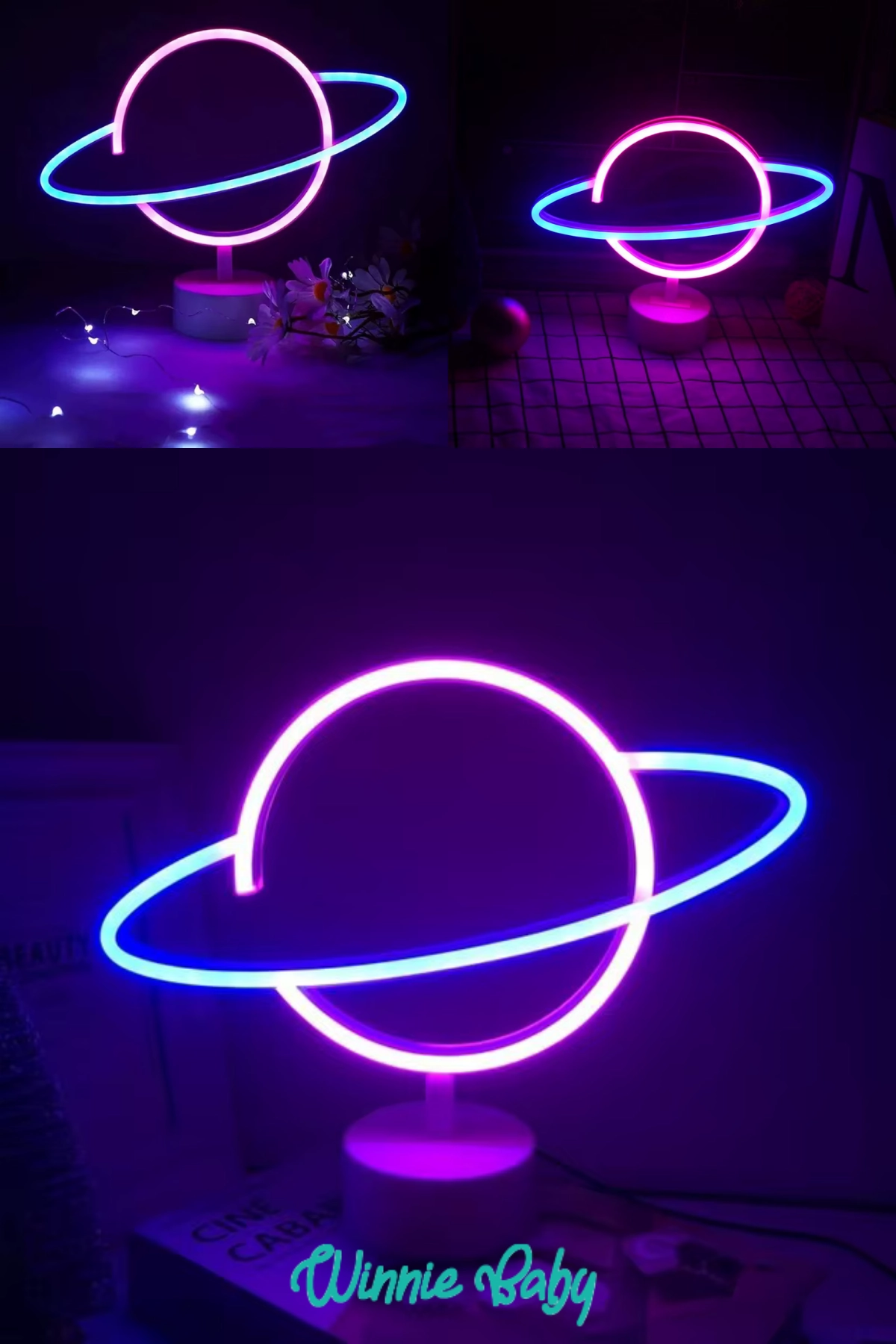 Satürn Gezegen Neon Led - Usb’li ve Pilli Masa Lambası Çocuk Odası Gece Lambası Dekoratif Led Işık