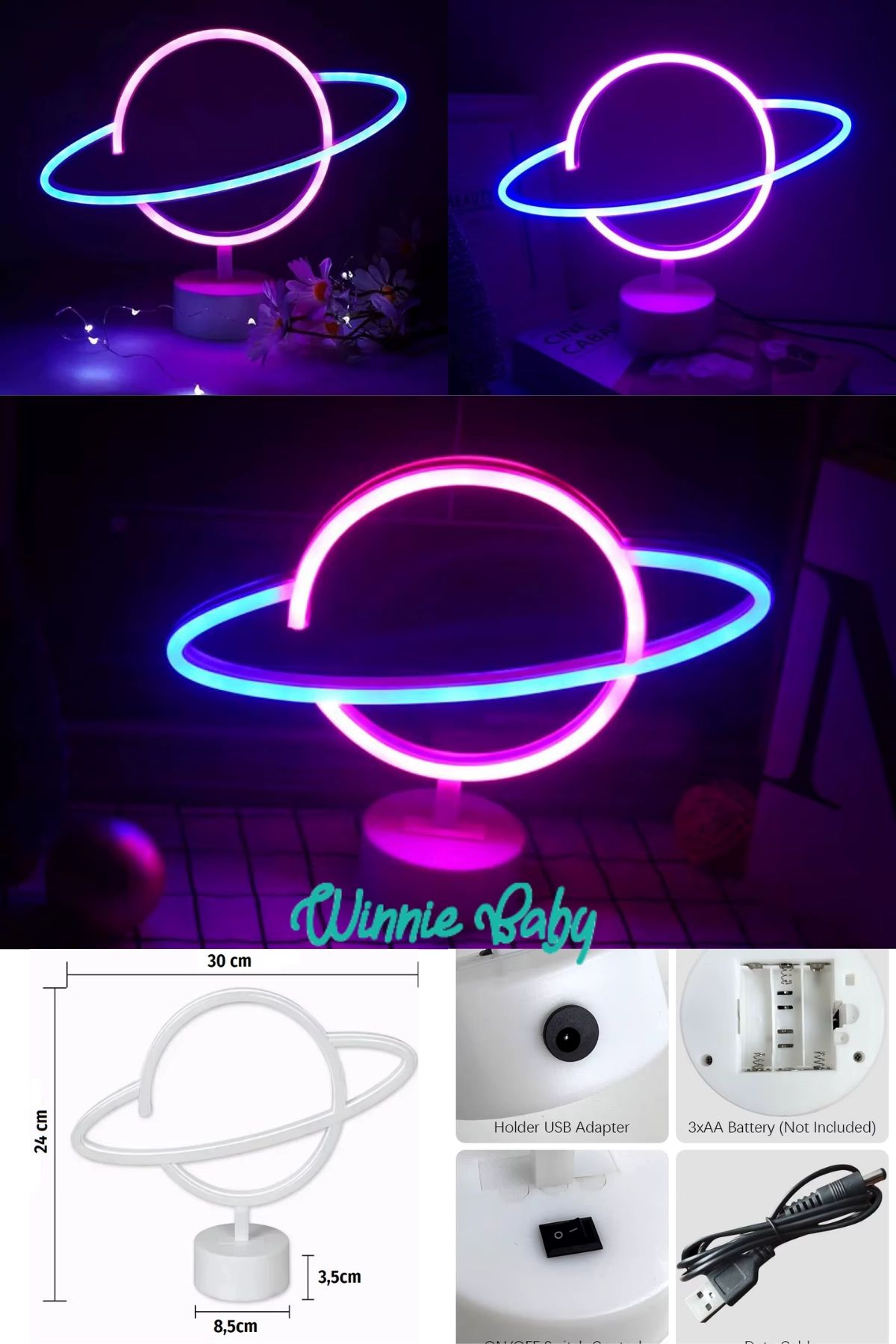 Satürn Gezegen Neon Led - Usb’li ve Pilli Masa Lambası Çocuk Odası Gece Lambası Dekoratif Led Işık