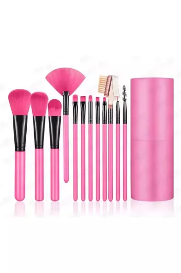 Silindir Makyaj Fırça Seti 12li Pembe Renk