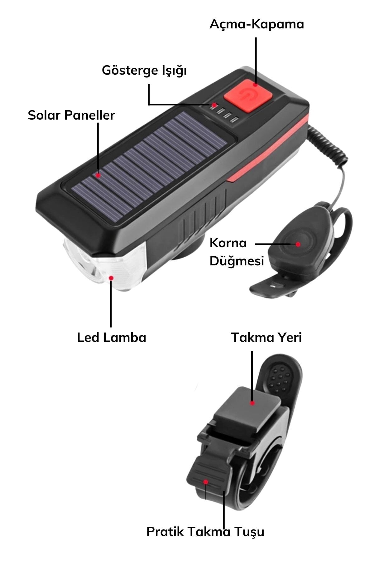 Güneş Enerjili Usb Şarjlı Bisiklet Lambası Ön Işık Kornalı