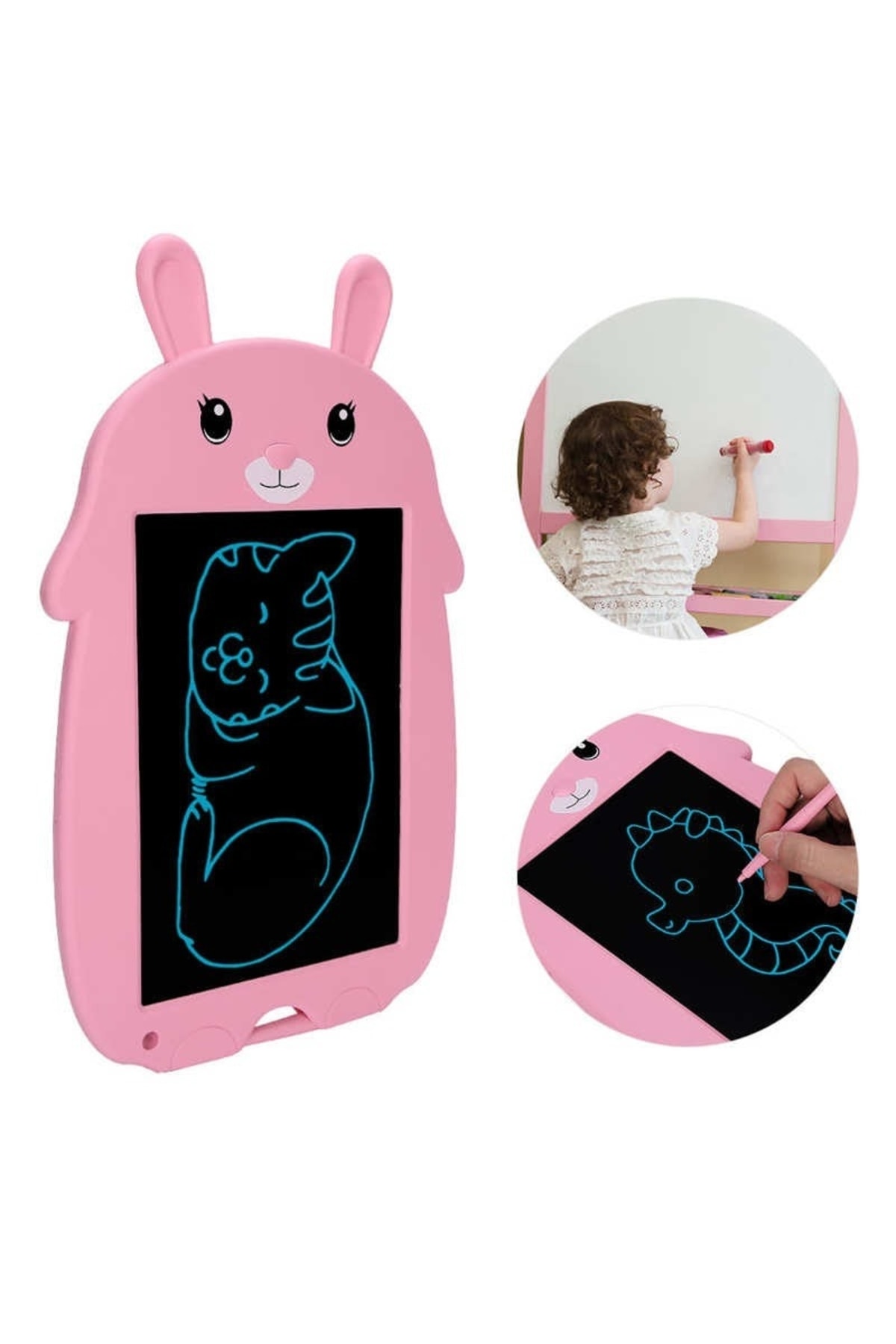 Pembe Tavşan Şekilli Dijital Çocuk Yazı Tableti Çizim Tahtası Lcd 9 İnç
